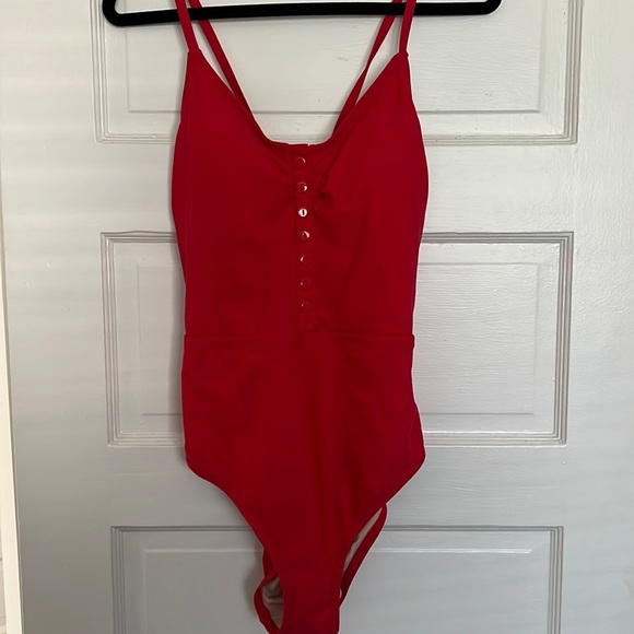 Red one piece swimsuit with crossed back tie. Size Large. Excellent condition. - Picture 1 of 5